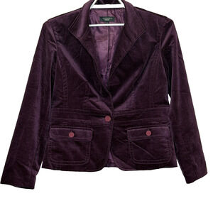 Talbots Velvet Blazer Jacket Size 14 Purple 1 Button Long Sleeve Lined Pockets